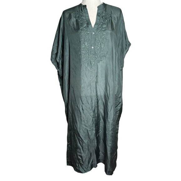 Oysho Silk Embroidered Kaftan Dress Size S Green V Neck Light Slightly Sheer NEW - Picture 1 of 10